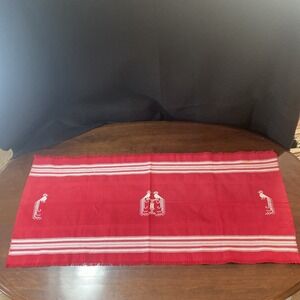 Vintage Woven Red Table Runner‎ White Stripes Peacocks Birds Fringe
